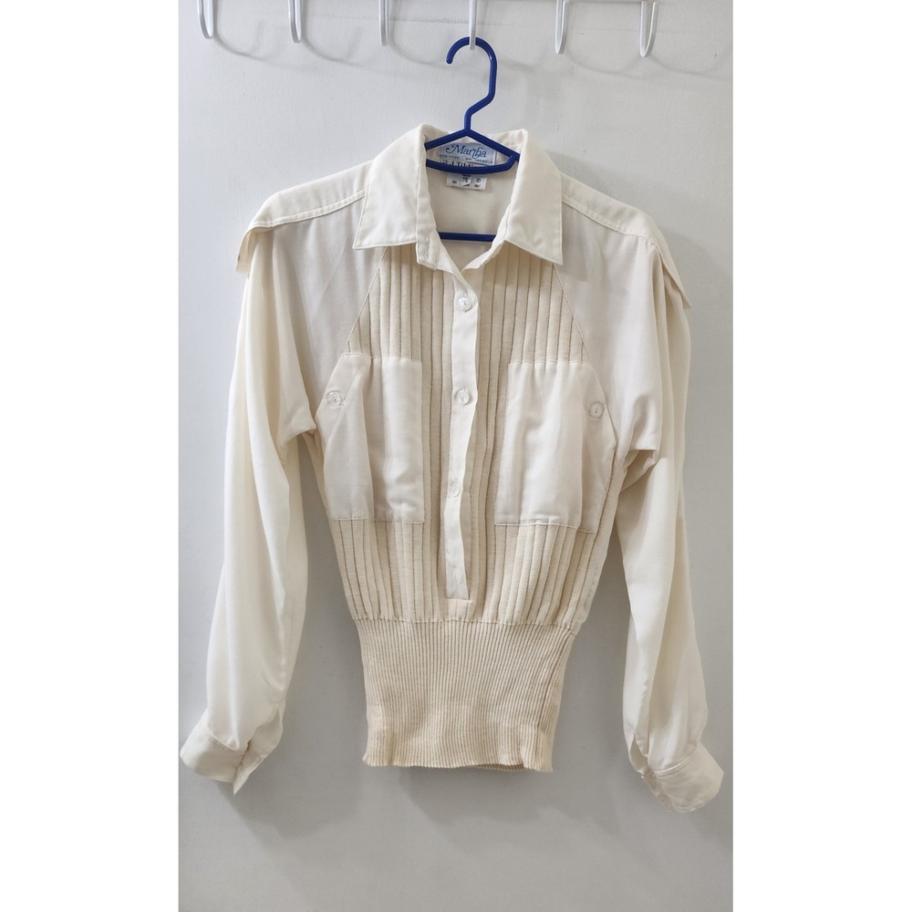 Vintage J. Tiktiner Cream Ribbed Knit Waist Blouse Top‎ Ivory